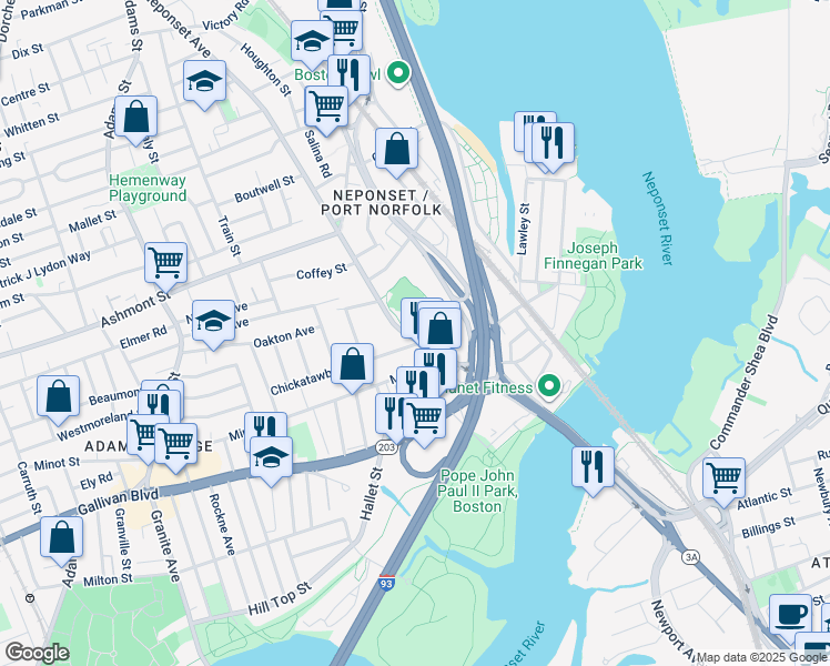 map of restaurants, bars, coffee shops, grocery stores, and more near 10 Chickatawbut Street in Boston