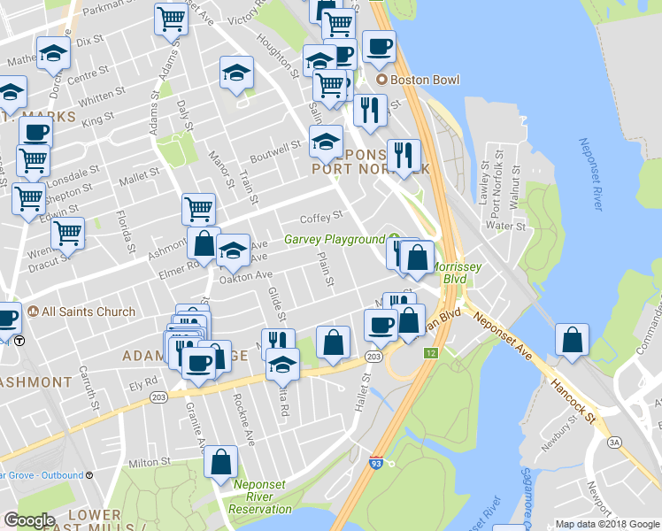 map of restaurants, bars, coffee shops, grocery stores, and more near 12 Plain Street in Boston