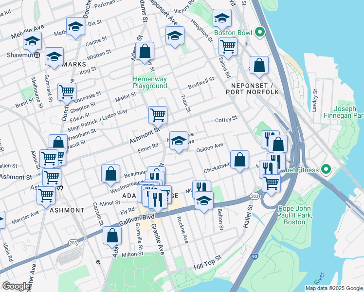 map of restaurants, bars, coffee shops, grocery stores, and more near 19 Oakton Avenue in Boston