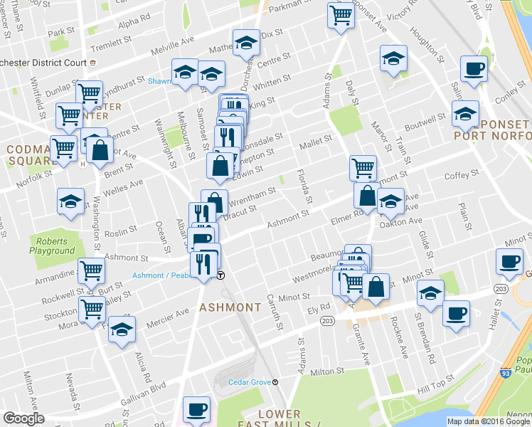 map of restaurants, bars, coffee shops, grocery stores, and more near 291 Ashmont Street in Boston
