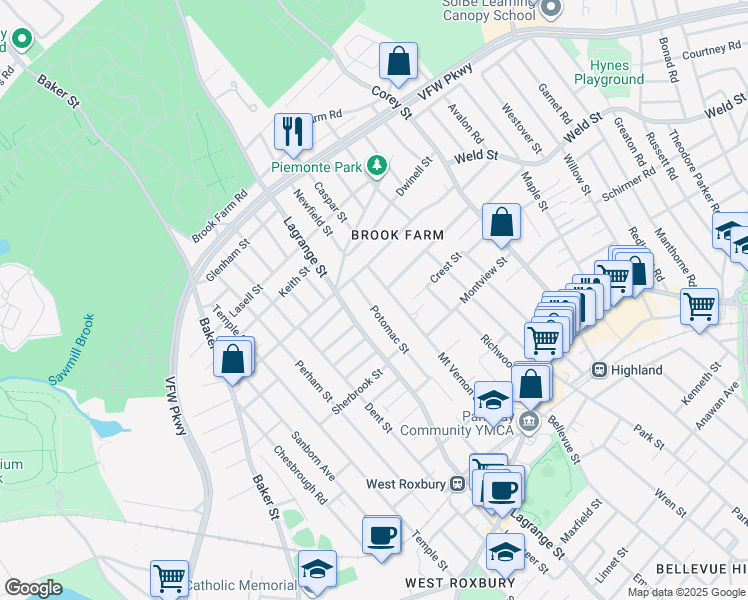 map of restaurants, bars, coffee shops, grocery stores, and more near 46 Potomac Street in Boston
