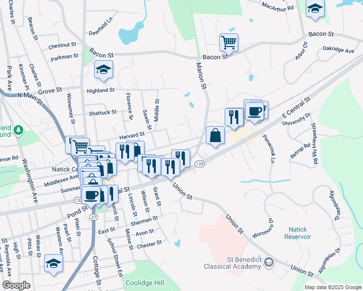 map of restaurants, bars, coffee shops, grocery stores, and more near 3 Lincoln Place in Natick