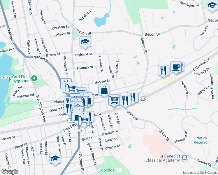 map of restaurants, bars, coffee shops, grocery stores, and more near 87 North Avenue in Natick