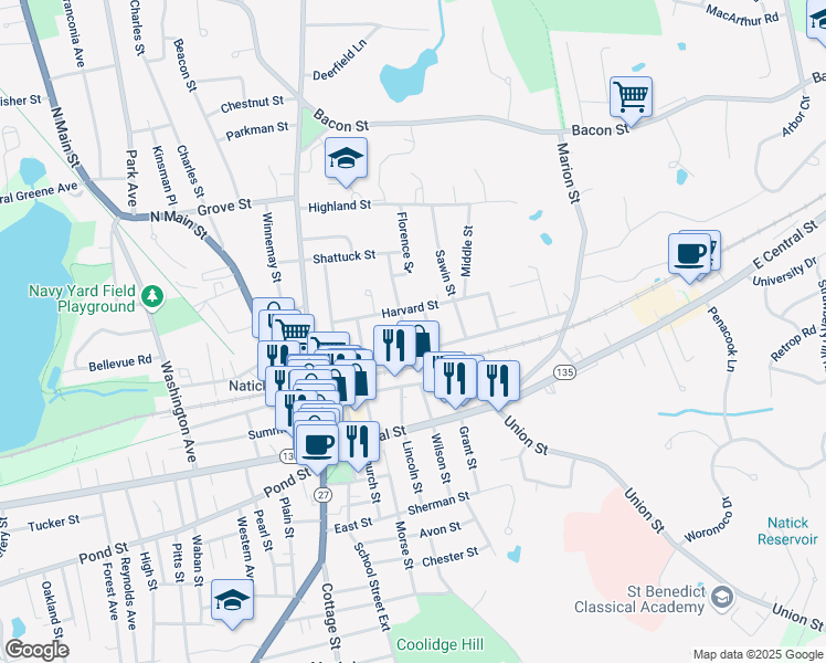 map of restaurants, bars, coffee shops, grocery stores, and more near 56 North Avenue in Natick