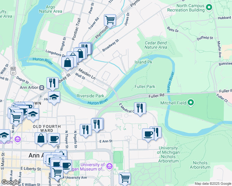 map of restaurants, bars, coffee shops, grocery stores, and more near 1353-1369 Fuller Road in Ann Arbor