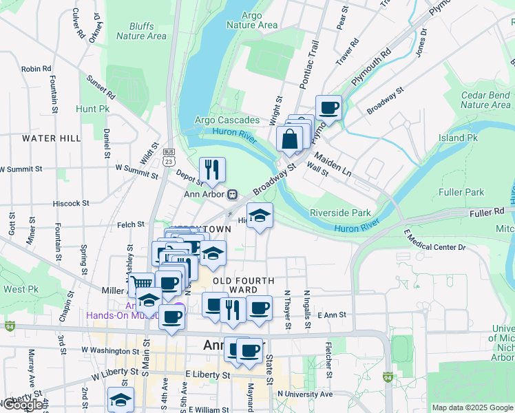map of restaurants, bars, coffee shops, grocery stores, and more near 504 High Street in Ann Arbor