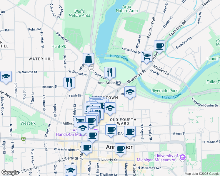 map of restaurants, bars, coffee shops, grocery stores, and more near in Ann Arbor