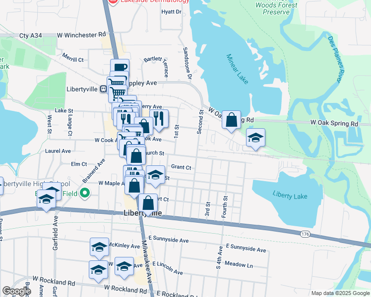map of restaurants, bars, coffee shops, grocery stores, and more near 335 East Church Street in Libertyville