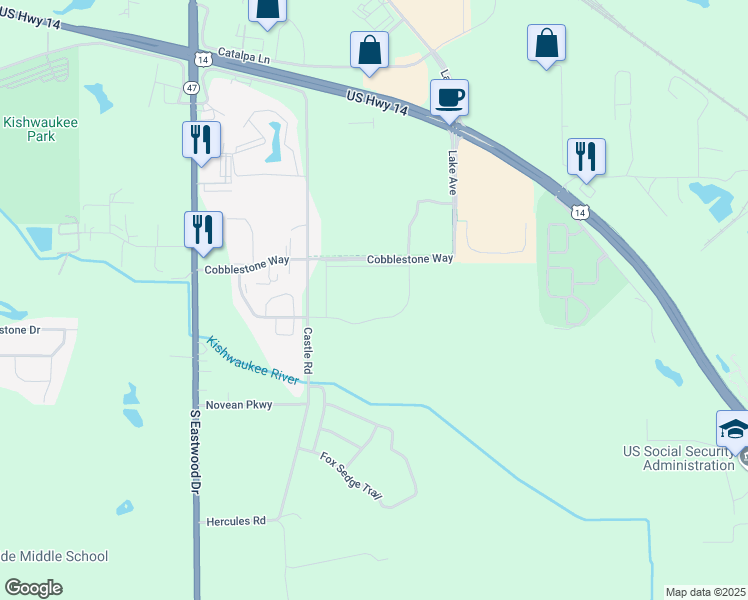 map of restaurants, bars, coffee shops, grocery stores, and more near 1450 Commons Drive in Woodstock