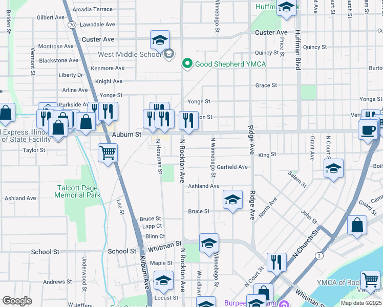 map of restaurants, bars, coffee shops, grocery stores, and more near 901 Garfield Avenue in Rockford