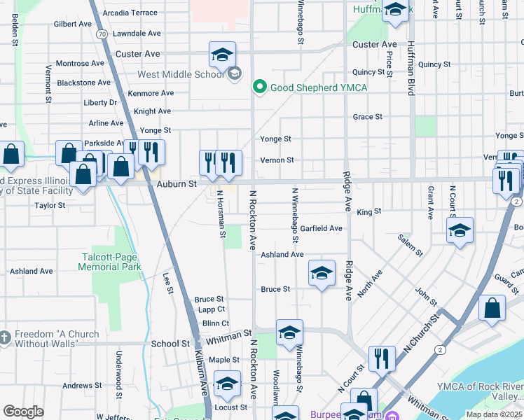 map of restaurants, bars, coffee shops, grocery stores, and more near 901 Garfield Avenue in Rockford