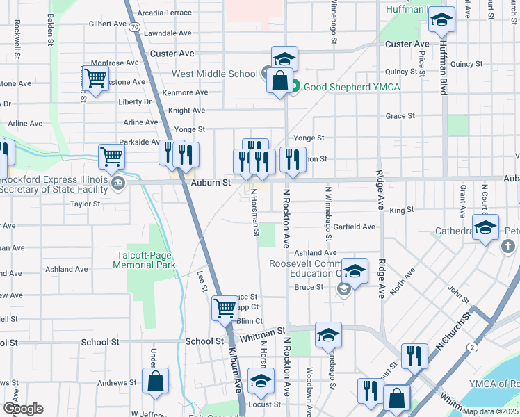 map of restaurants, bars, coffee shops, grocery stores, and more near 1037 Garfield Avenue in Rockford