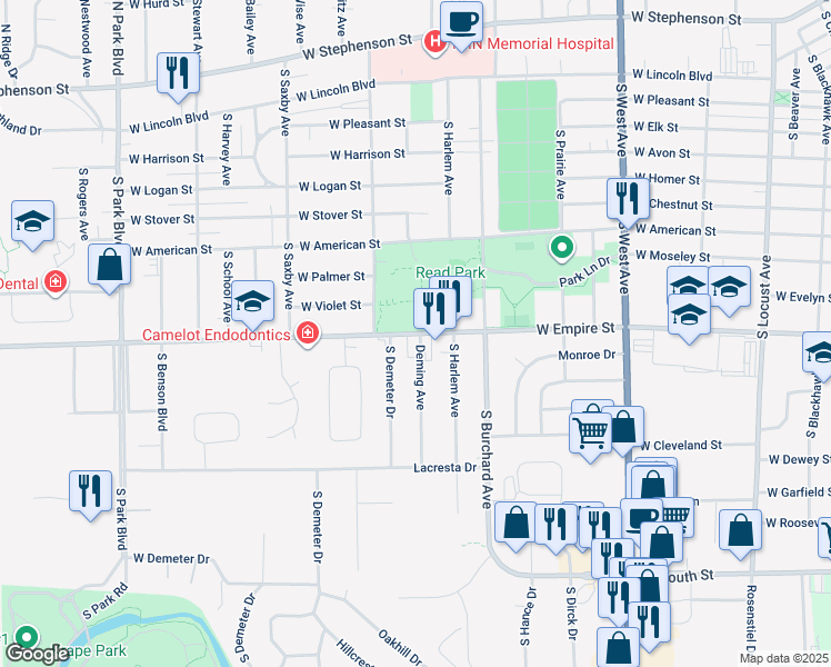 map of restaurants, bars, coffee shops, grocery stores, and more near 1320 Deming Avenue in Freeport