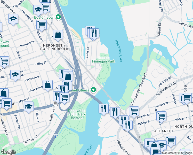 map of restaurants, bars, coffee shops, grocery stores, and more near 31-39 Taylor Street in Boston