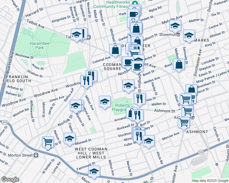 map of restaurants, bars, coffee shops, grocery stores, and more near 6 Wentworth Terrace in Boston