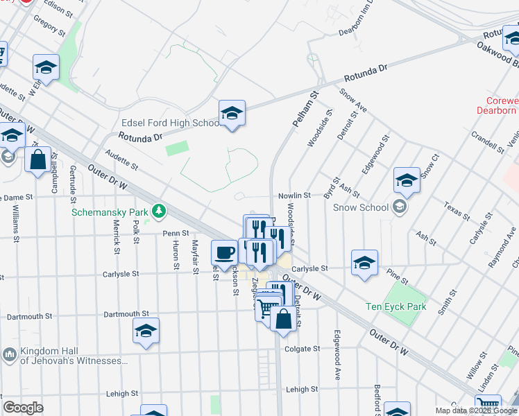 map of restaurants, bars, coffee shops, grocery stores, and more near 3430 Pelham Street in Dearborn