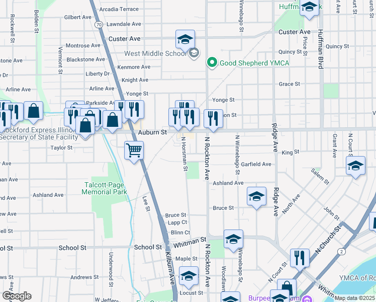 map of restaurants, bars, coffee shops, grocery stores, and more near 1037 Garfield Avenue in Rockford