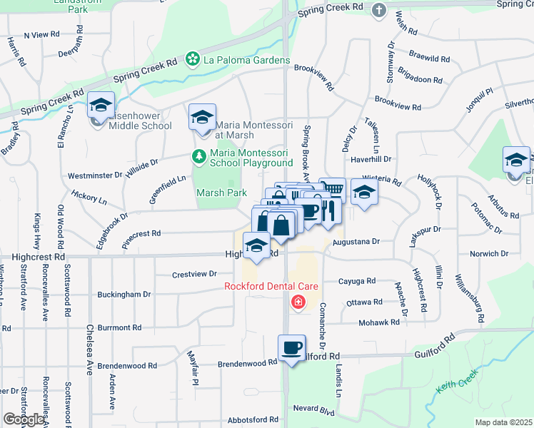 map of restaurants, bars, coffee shops, grocery stores, and more near 1680 North Alpine Road in Rockford