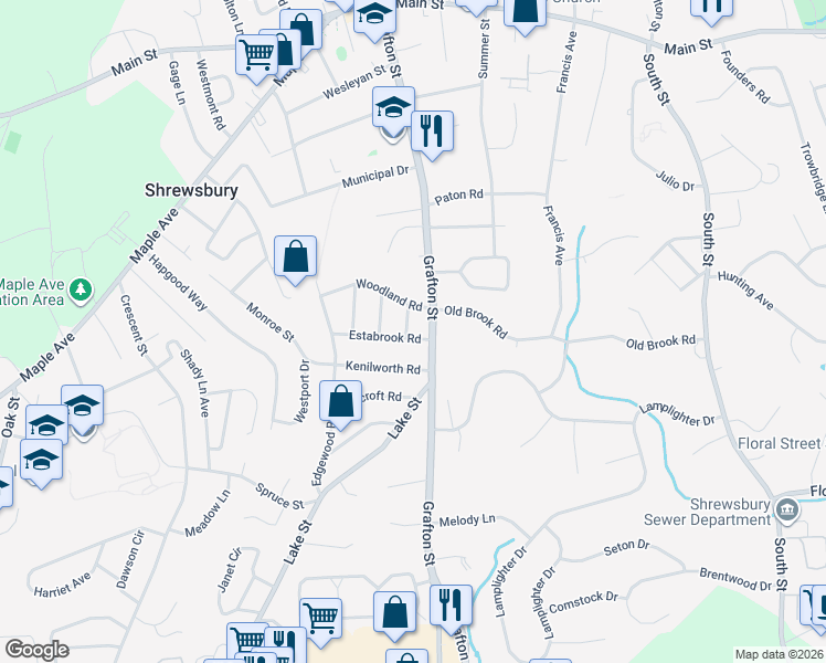map of restaurants, bars, coffee shops, grocery stores, and more near 150 Grafton Street in Shrewsbury