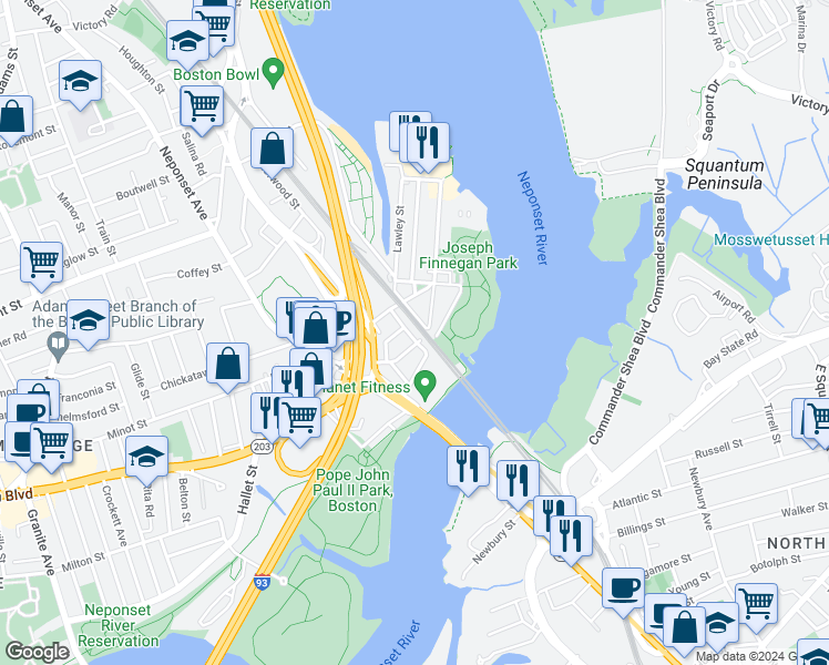 map of restaurants, bars, coffee shops, grocery stores, and more near 5 Woodworth Street in Boston