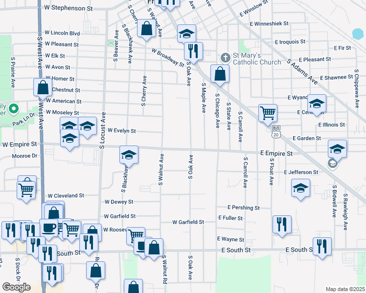 map of restaurants, bars, coffee shops, grocery stores, and more near 218 West Empire Street in Freeport