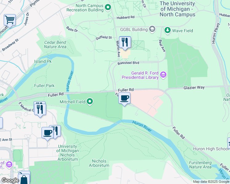map of restaurants, bars, coffee shops, grocery stores, and more near 2263 Fuller Court in Ann Arbor