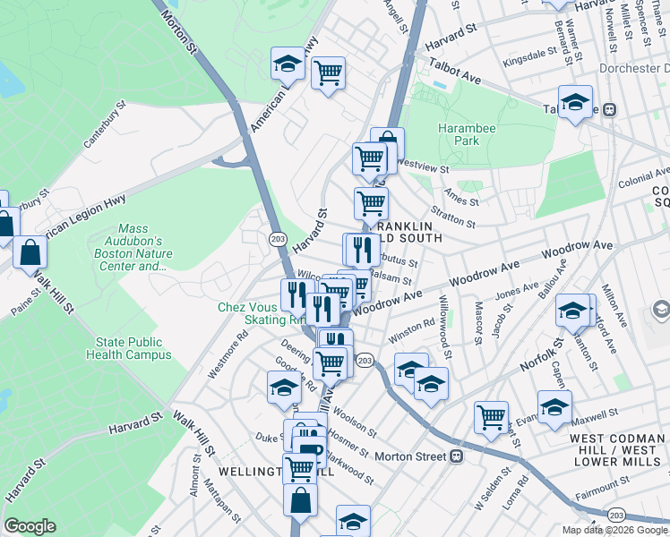map of restaurants, bars, coffee shops, grocery stores, and more near 18 Johnston Road in Boston