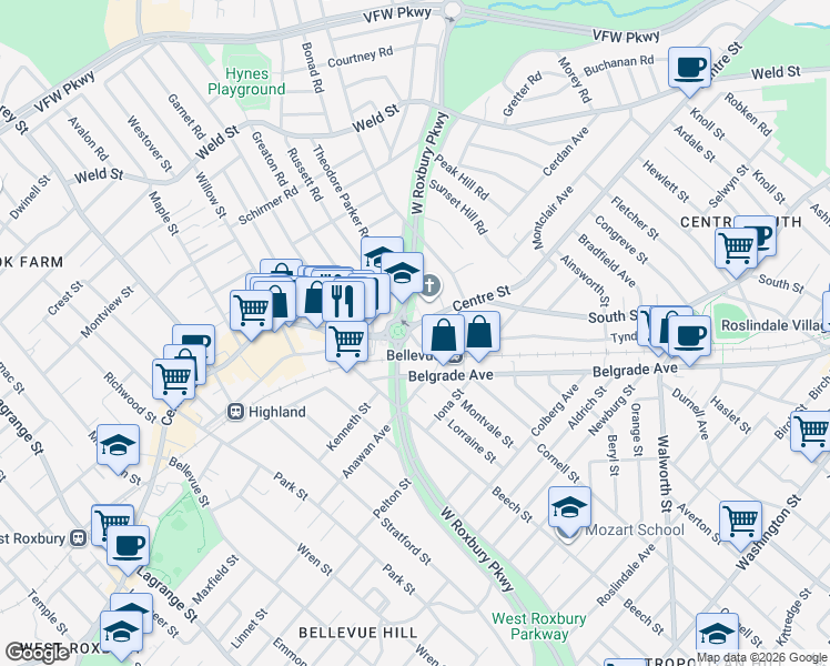 map of restaurants, bars, coffee shops, grocery stores, and more near 10 Rhoda Street in Boston