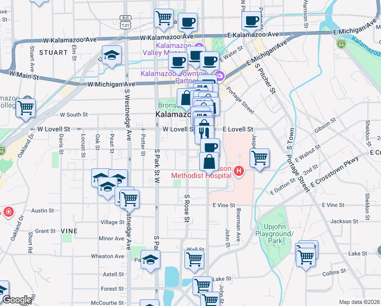 map of restaurants, bars, coffee shops, grocery stores, and more near 131 West Cedar Street in Kalamazoo