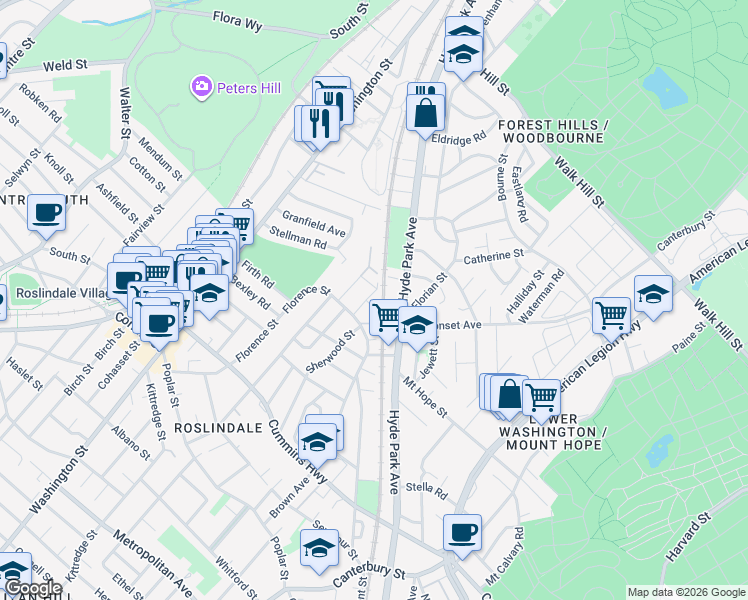 map of restaurants, bars, coffee shops, grocery stores, and more near 11 Marion Street in Boston