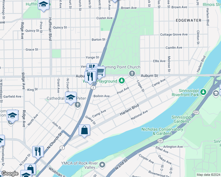 map of restaurants, bars, coffee shops, grocery stores, and more near 1457 Myott Avenue in Rockford