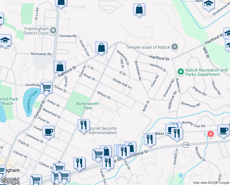 map of restaurants, bars, coffee shops, grocery stores, and more near 120 Howe Street in Framingham