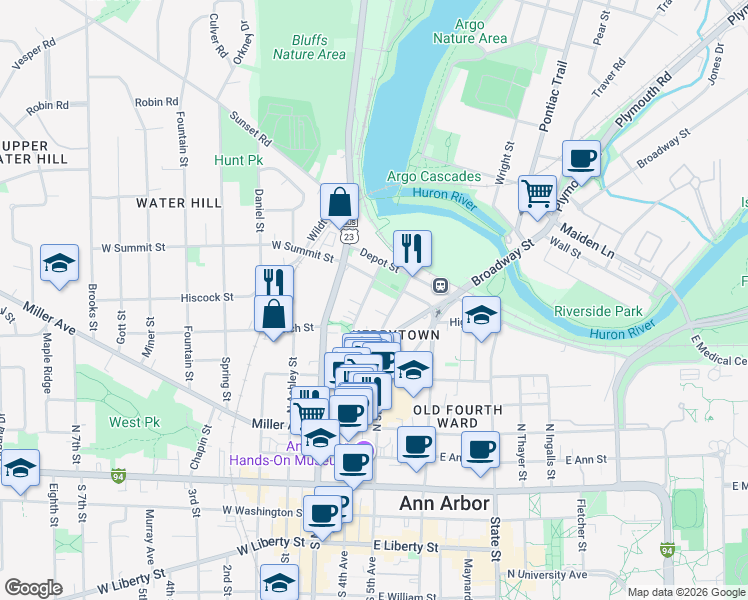 map of restaurants, bars, coffee shops, grocery stores, and more near 124 East Summit Street in Ann Arbor