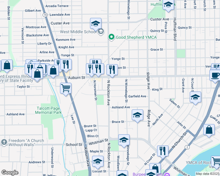 map of restaurants, bars, coffee shops, grocery stores, and more near 2428 Benderwirt Avenue in Rockford