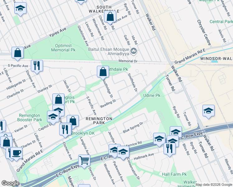 map of restaurants, bars, coffee shops, grocery stores, and more near 2823 Garvey Crescent in Windsor
