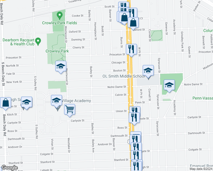 map of restaurants, bars, coffee shops, grocery stores, and more near 24344 Notre Dame Street in Dearborn