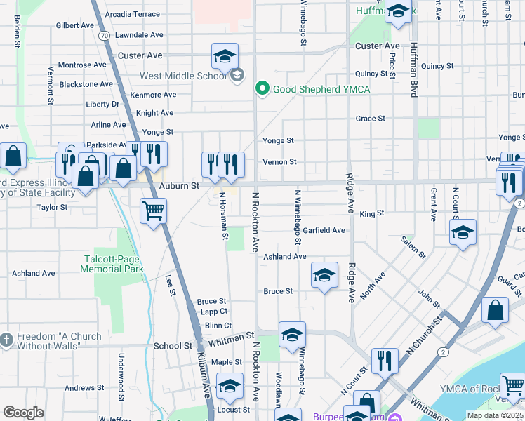 map of restaurants, bars, coffee shops, grocery stores, and more near 2422 Benderwirt Avenue in Rockford