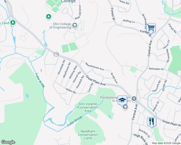map of restaurants, bars, coffee shops, grocery stores, and more near 36 Mason Road in Needham