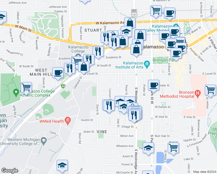 map of restaurants, bars, coffee shops, grocery stores, and more near 502 Locust Street in Kalamazoo