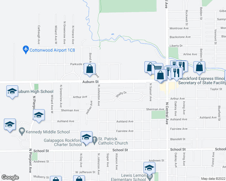 map of restaurants, bars, coffee shops, grocery stores, and more near 2311 Arthur Avenue in Rockford