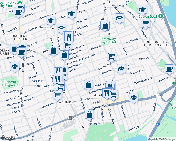 map of restaurants, bars, coffee shops, grocery stores, and more near 13 Bruce Street in Boston