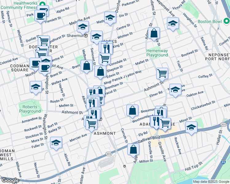 map of restaurants, bars, coffee shops, grocery stores, and more near 49 Wrentham Street in Boston