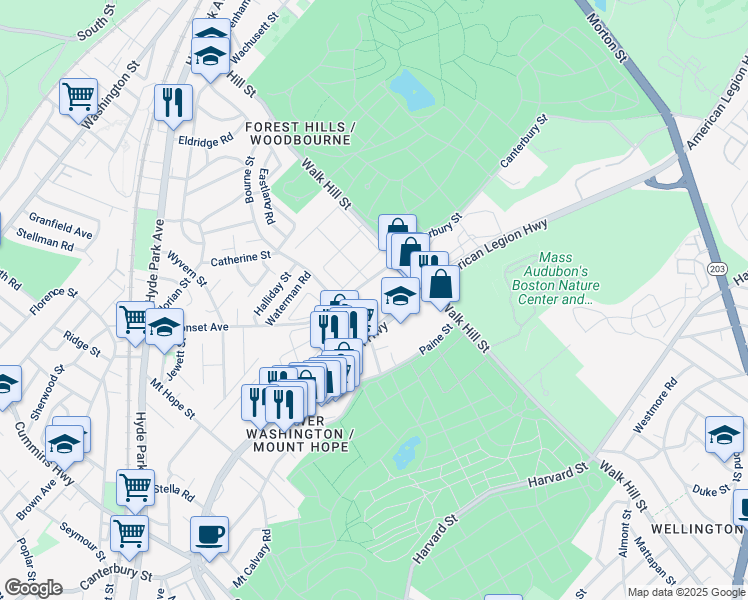 map of restaurants, bars, coffee shops, grocery stores, and more near 594 Canterbury Street in Boston
