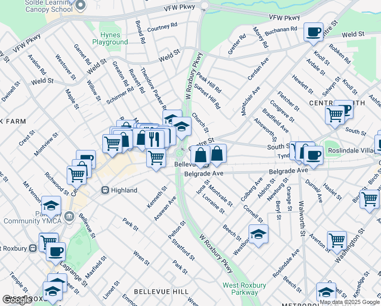 map of restaurants, bars, coffee shops, grocery stores, and more near in Boston