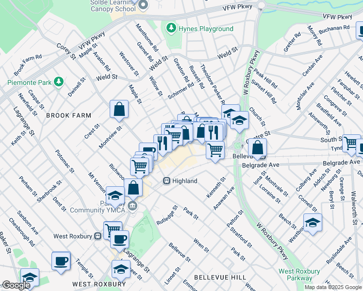 map of restaurants, bars, coffee shops, grocery stores, and more near 45/4 Willow Street in Boston