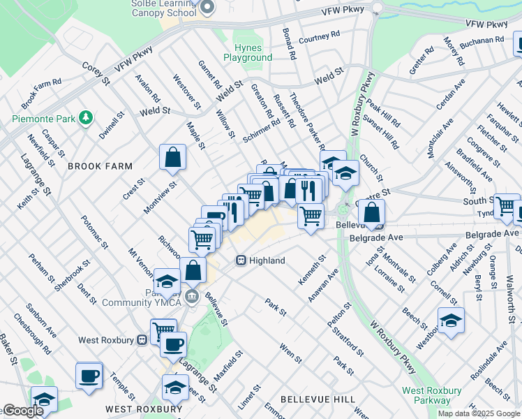 map of restaurants, bars, coffee shops, grocery stores, and more near 45/4 Willow Street in Boston