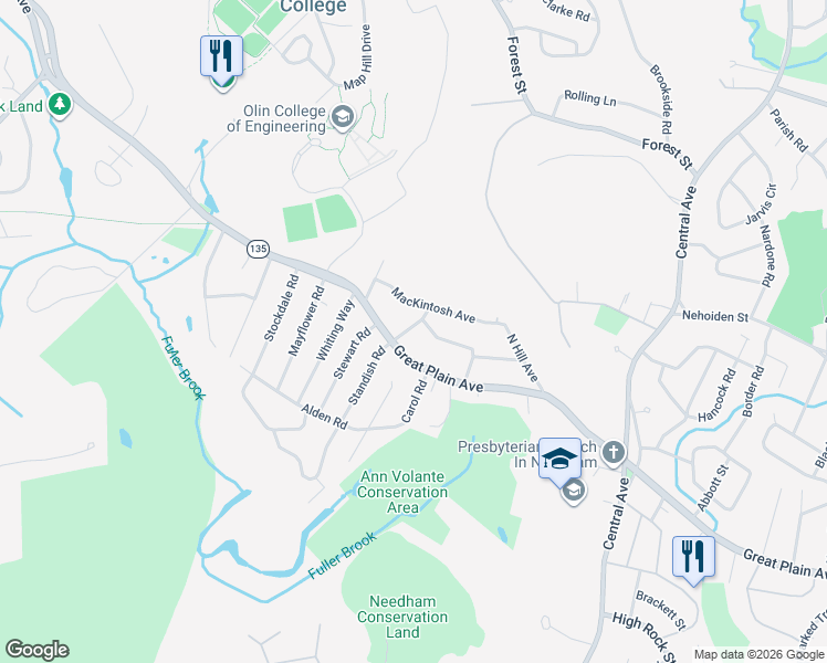 map of restaurants, bars, coffee shops, grocery stores, and more near 36 Mason Road in Needham