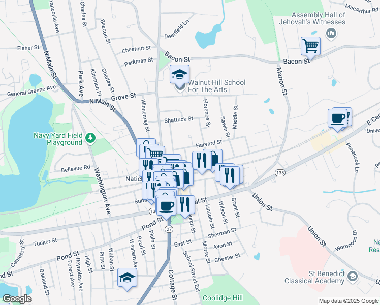 map of restaurants, bars, coffee shops, grocery stores, and more near 14 David Drive in Natick