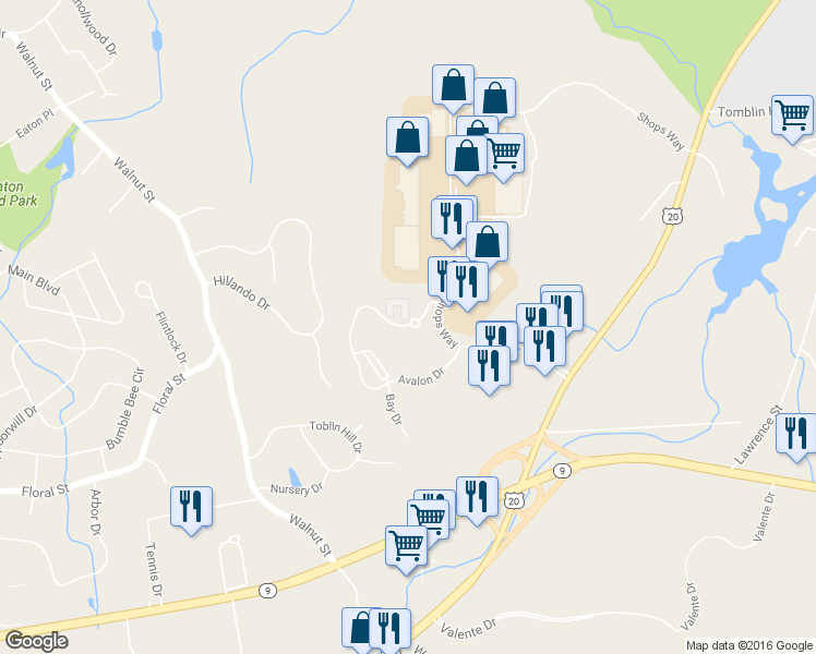 map of restaurants, bars, coffee shops, grocery stores, and more near Avalon Drive in Northborough