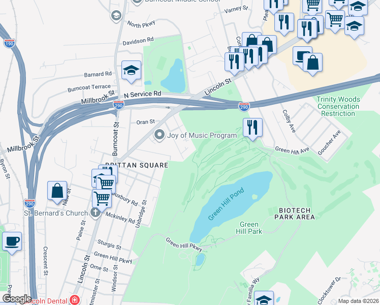 map of restaurants, bars, coffee shops, grocery stores, and more near 21 Dixon Avenue in Worcester